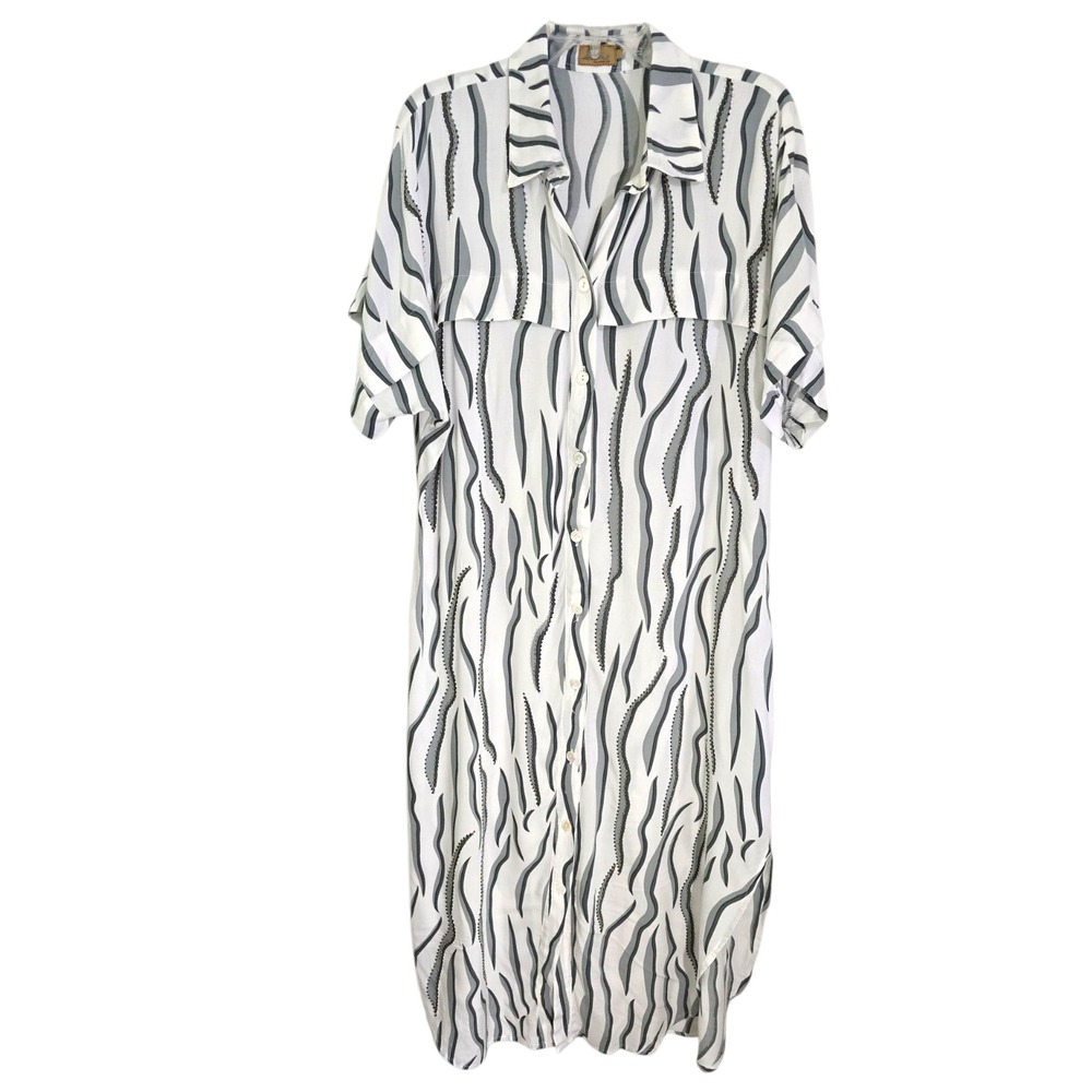 Skemo Womens White Zebra Print Short Sleeve Dress Embellished Rayon Belt Size L‎
